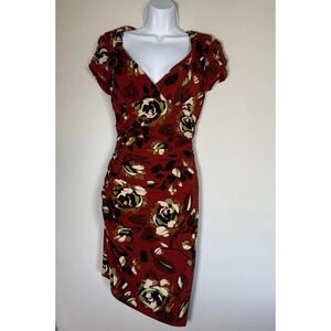 Y2K Cache Ruched Floral Dress Sweetheart Asymmetrical Stretch Size 12 Sexy Roses